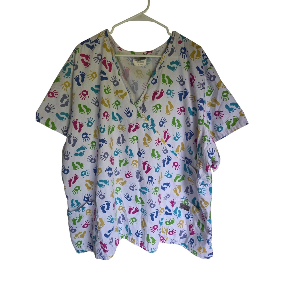 ScrubZone Landau Womens‎ 5XL Scrub Top Handprint Footprint Pediatric V-Neck